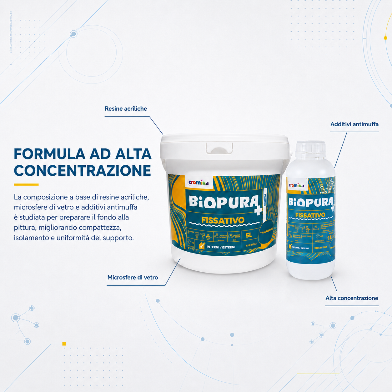 Fissativo antimuffa anticondensa BIOPURA Cromika da 1 L e 5 L con formula ad alta concentrazione, resine acriliche, microsfere di vetro e additivi antimuffa.